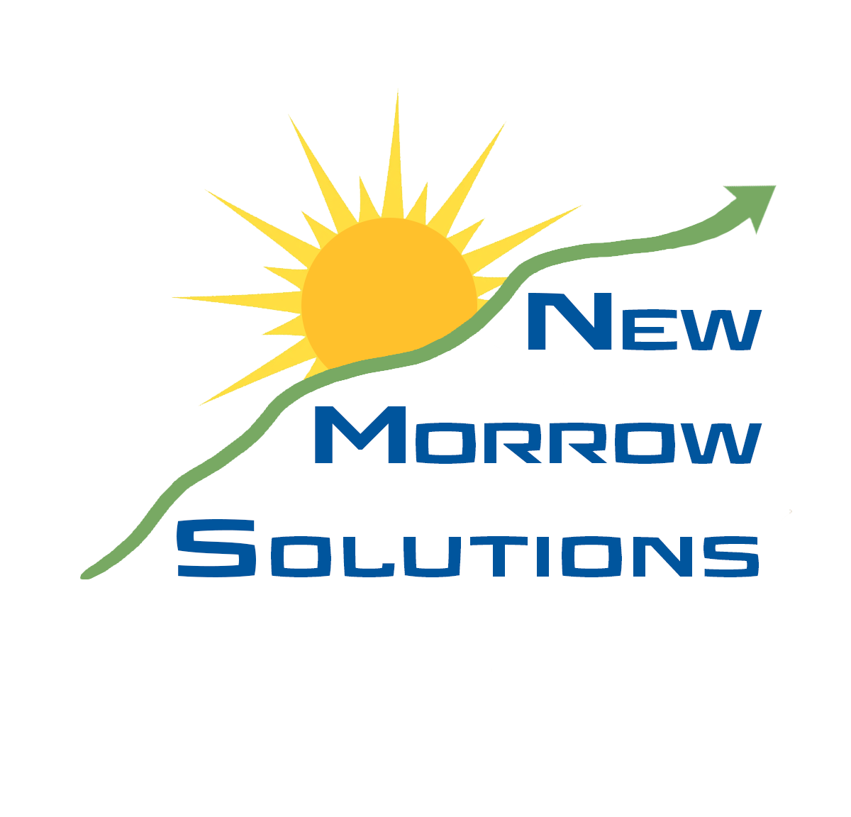 "New Morrow Solutions" logo featuring a yellow sun rising over a green, upward-sloping arrow