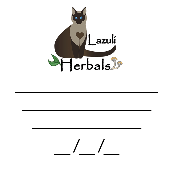 2x2" labels used for small mason jars, featuring the Lazuli Herbals logo (Siamese cat with a heart on its chest, sitting with its tail underlining the word Lazuli, and the word Herbals below, with leaves sprouting from the H and mushrooms growing from the s)