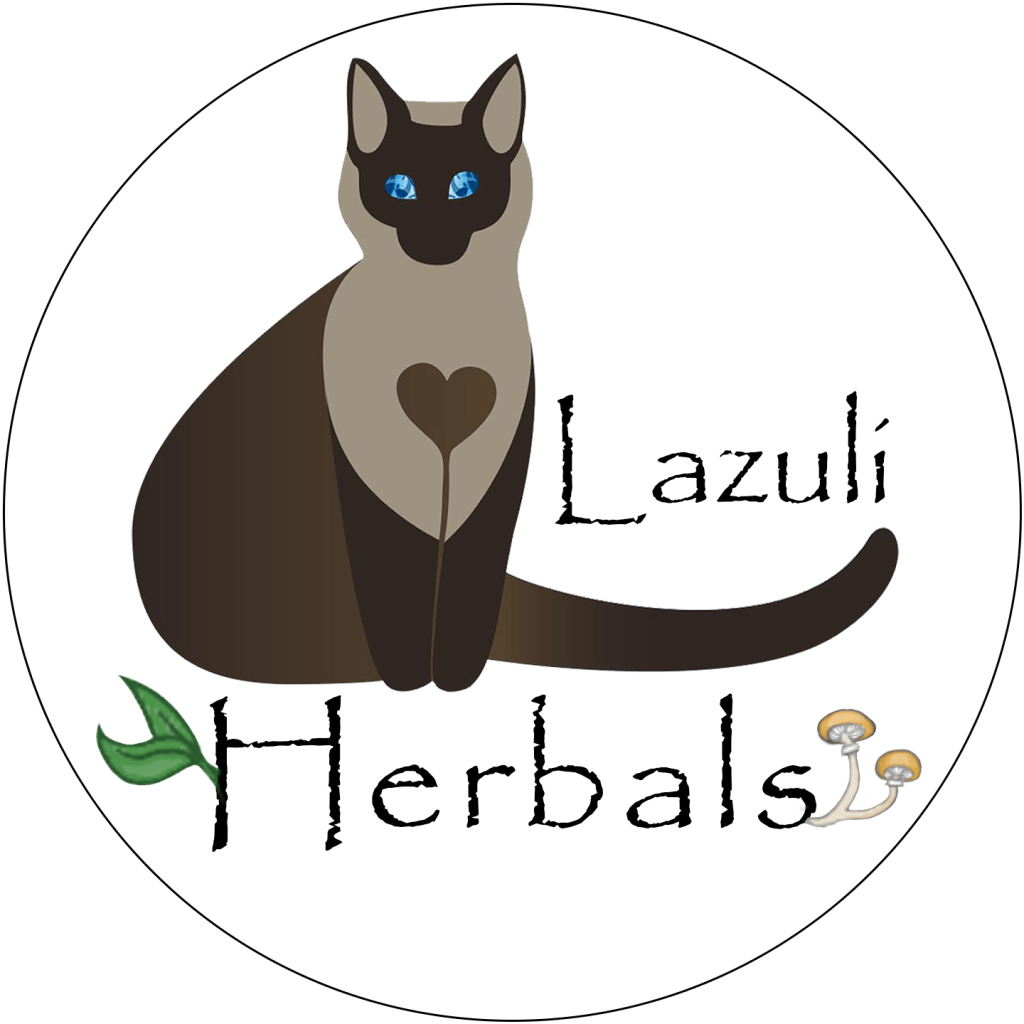 Lazuli Herbals logo featuring a Siamese cat with a heart on its chest, sitting upright in an L-shape with its tail underlining the word Lazuli. The word Herbals below has leaves sprouting from the H and mushrooms stemming from the s.