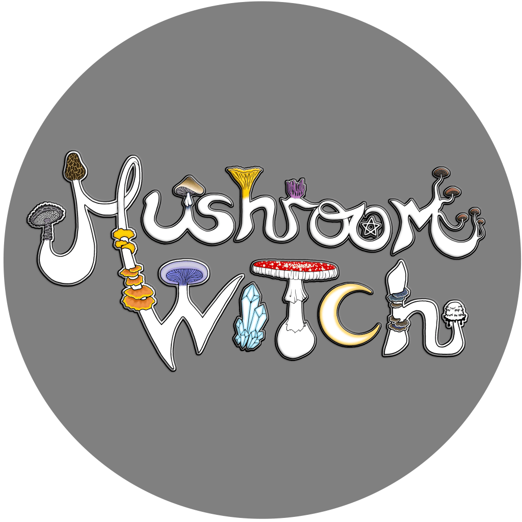 This is hand-drawn text using a combination of standard and cursive script to read "Mushroom Witch". Several letters have different, colorful species of fungi growing from them, while the 'i' is replaced by a vertical cluster of crystals, and the 'c' is a crescent moon. the 2nd 'o' in "mushroom" contains a pentagram.