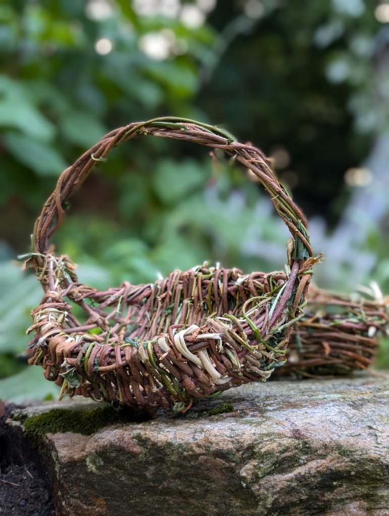 Promotional image used for a basketweaving class using invasive bittersweet vines. The image shows two handmade baskets set on a garden wall with blurred greenery in the background.