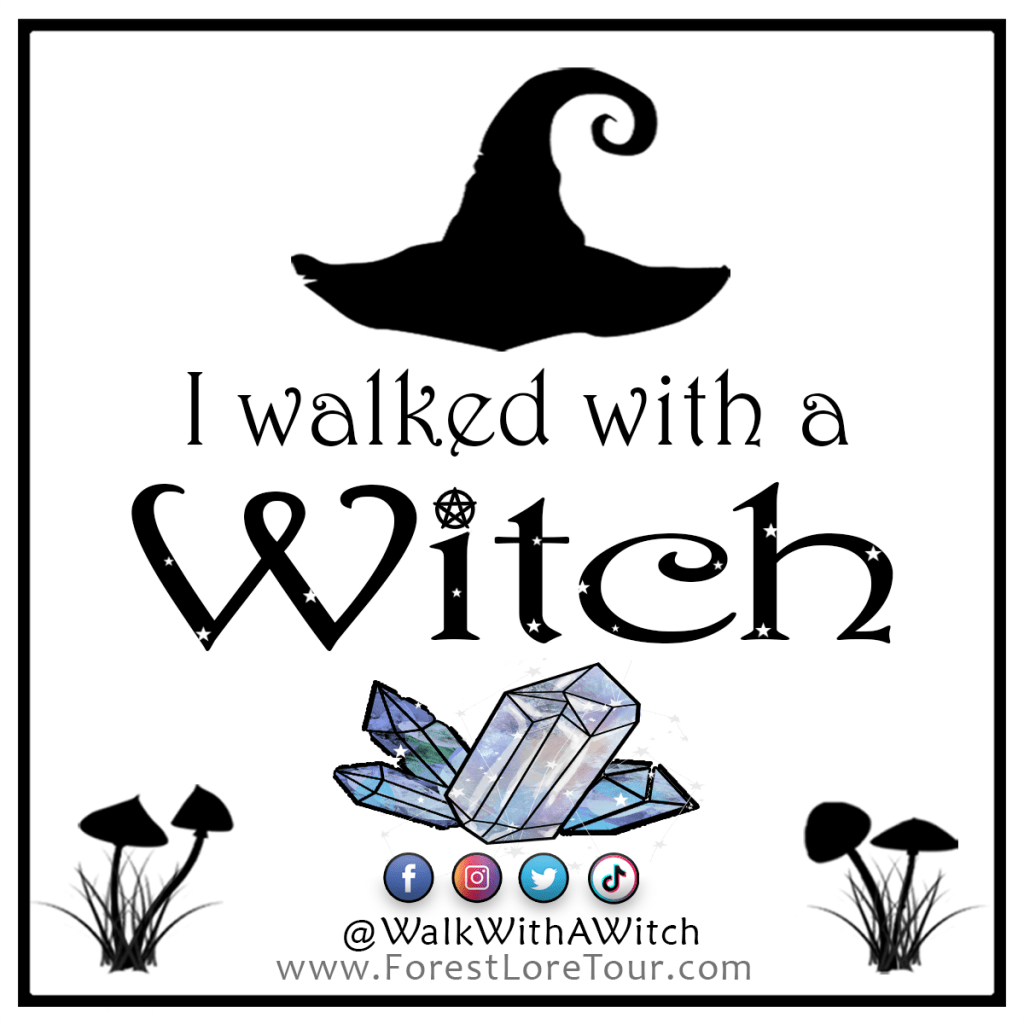 4x4" Sticker design for the Forest Lore Tour. These are handed out to attendees as part of a gift bag. The design includes a witch hat, crystals, mushrooms, and the words "I walked with a Witch"