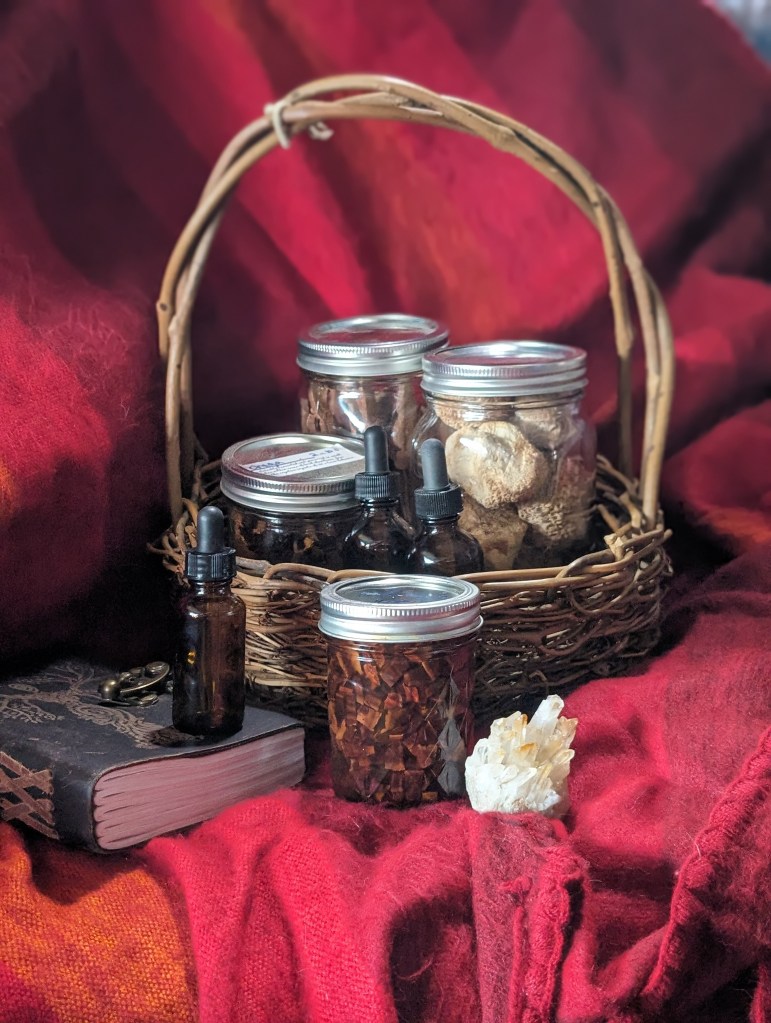 Photo used for a tincture-making workshop, depicting a basket with jars containing reishi and lion's mane mushroom infusions, as well as a handbound journal and a crystal, set against a red cloth backdrop.